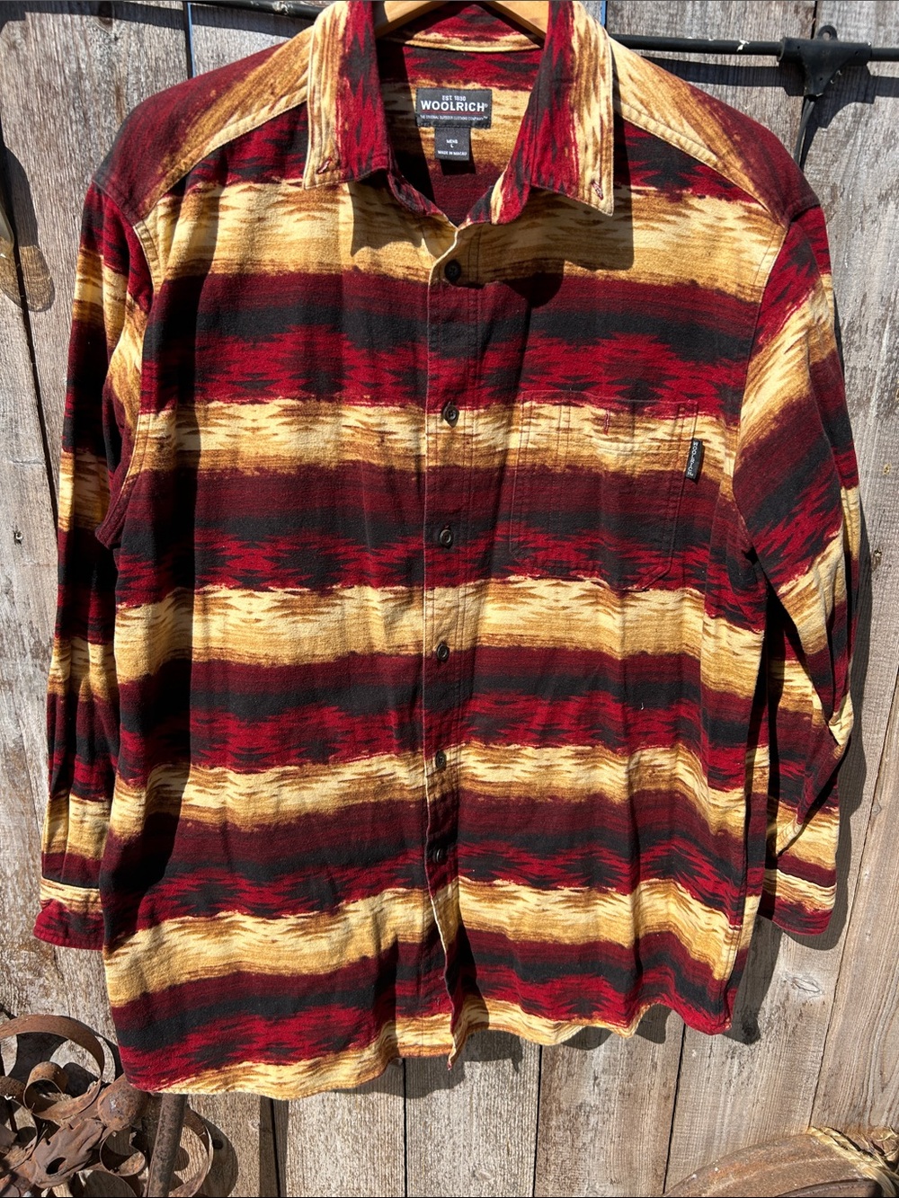 Woolrich Burgundy, Gold & Black Striped Button-Up Shirt